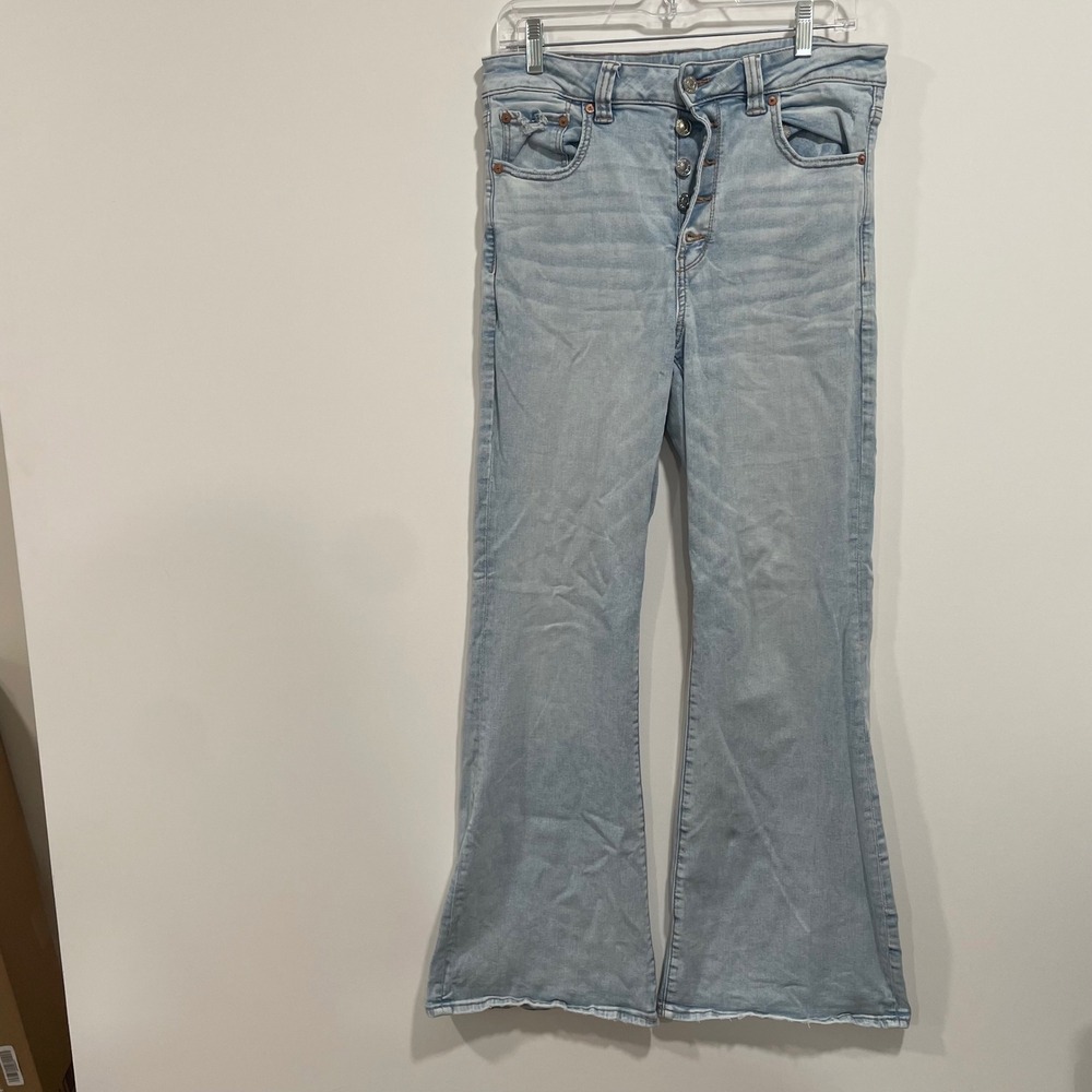 American Eagle‎ Super Hi-Rise Flare Jeans Light Wash Stretch Size 12 29x28